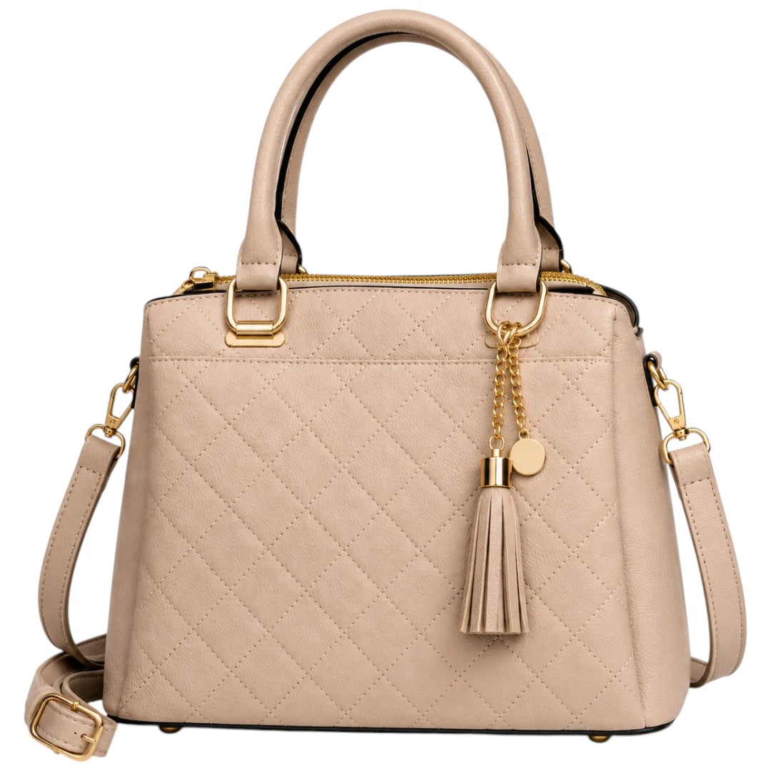 Cevoria Beige Quilted Luxe Satchel Handbag