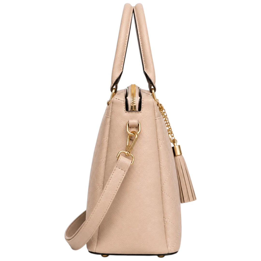 Cevoria Beige Quilted Luxe Satchel Handbag